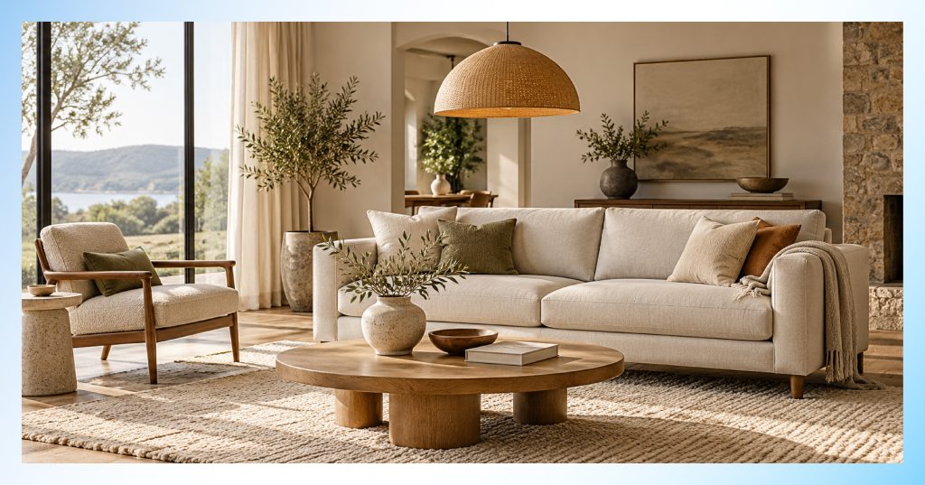 In-context furniture photography showing a sage green sofa and oak coffee table in a cozy home living room