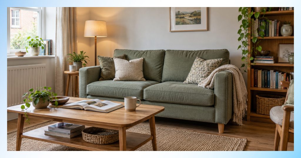 Lifestyle furniture photography of a cream sofa, round oak coffee table and rattan pendant in a sunlit living room