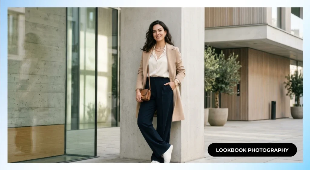 Smiling model in a beige coat, cream blouse and navy trousers leaning on a concrete pillar, lookbook photography