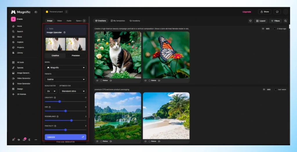 Magnific AI Image Upscaler panel with Creativity, HDR, Resemblance, and Fractality sliders and a 2x scale factor