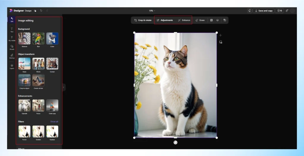Microsoft Designer image editing panel with Enhance, Upscale, and Focus options open on a cat photo