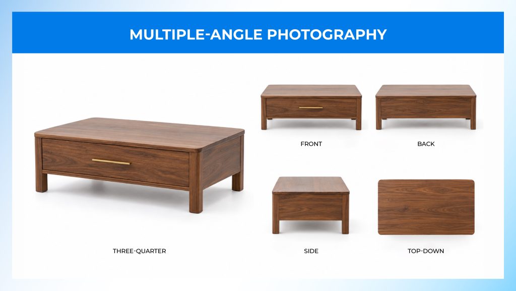 Walnut coffee table with drawer photographed from three-quarter, front, back, side and top-down angles