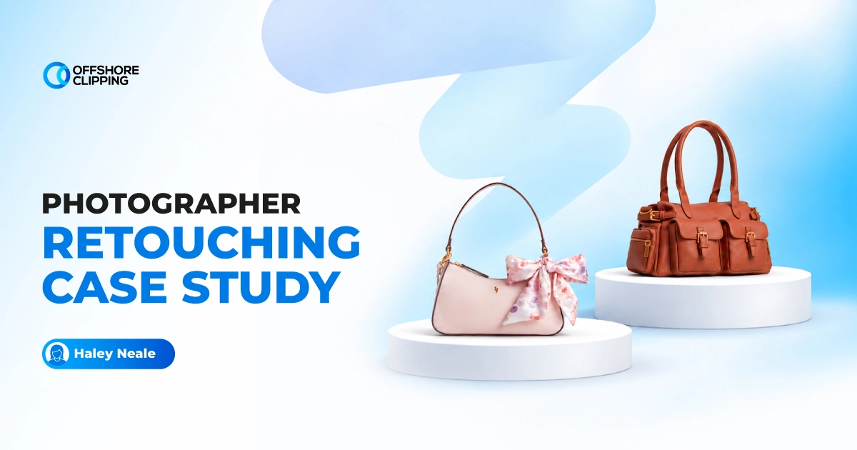 photographer-retouching-case-study-haley-neale Photographer retouching case study by Offshore Clipping showing two handbags on white podiums