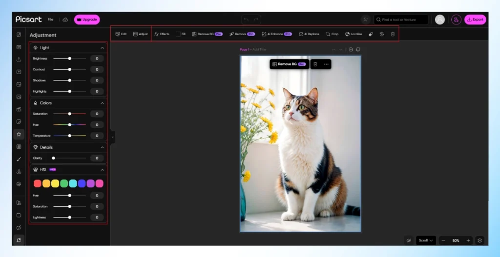 Picsart editor with the AI Enhance tool and light, color, and detail adjustment sliders on a cat photo