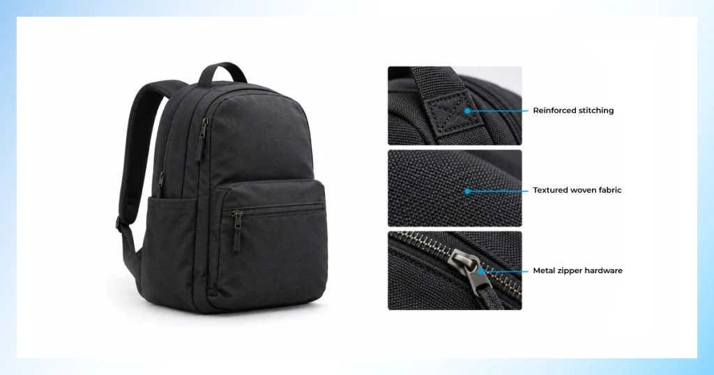 Amazon A+ Content quality module showing a black backpack with close-ups of stitching, woven fabric and metal zipper