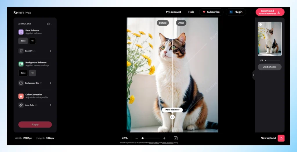 Remini web editor with a before and after slider and Face Enhance and Background Enhance options
