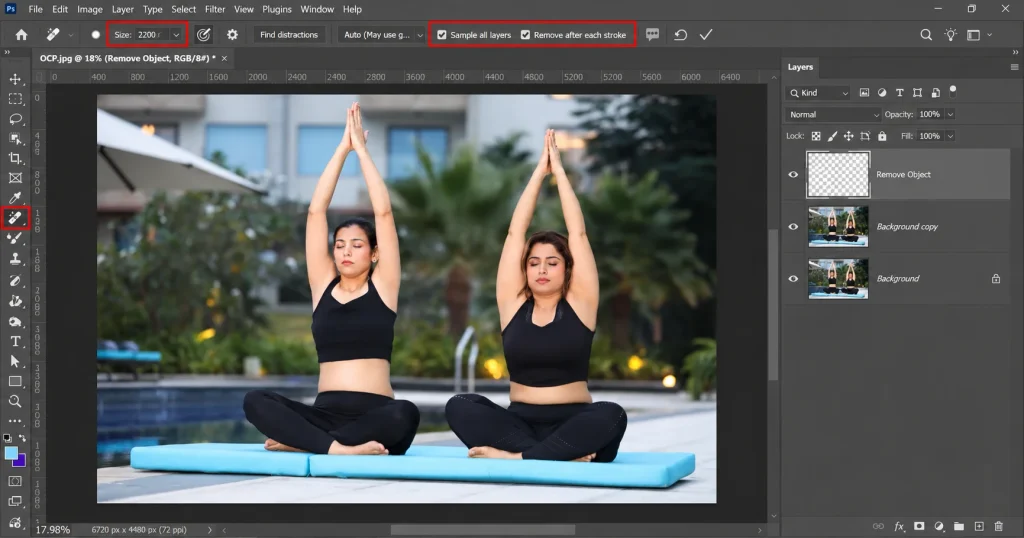 Photoshop Remove tool options bar with brush size and Sample All Layers settings highlighted