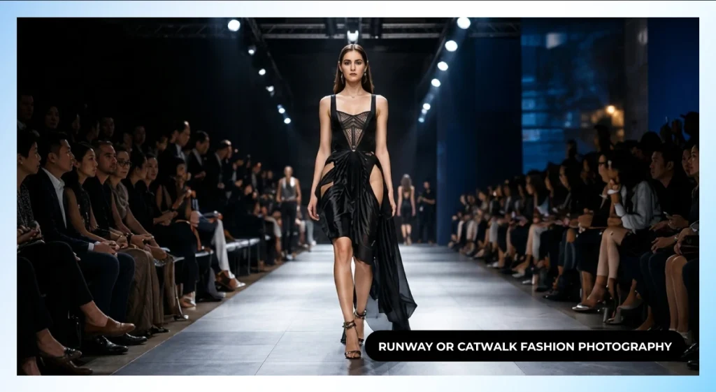 Model in a black asymmetric dress walking down a runway between seated audience members, runway fashion photography