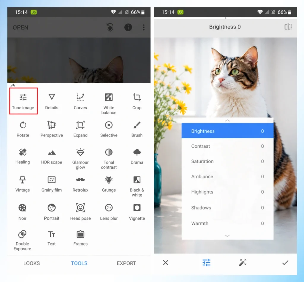 Snapseed mobile app showing the Tune image tool and its brightness, contrast, and shadows controls