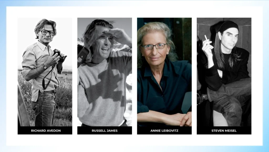 Portraits of fashion photographers Richard Avedon, Russell James, Annie Leibovitz and Steven Meise