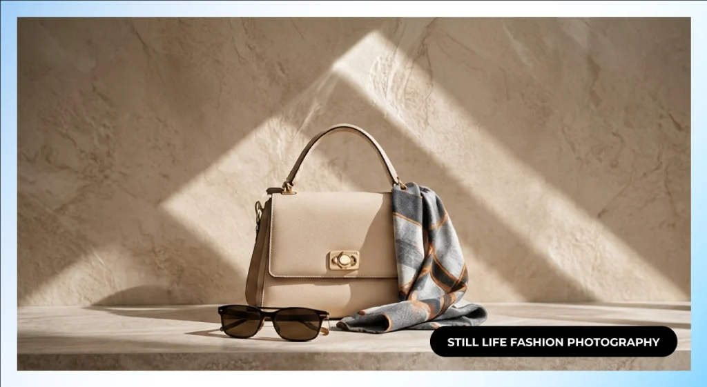 Beige handbag, printed scarf and sunglasses on a stone ledge with geometric sunlight shadows, still life fashion photography
