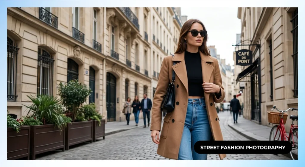 Woman in a camel coat, black top, jeans and sunglasses walking on a cobblestone street, street fashion photography