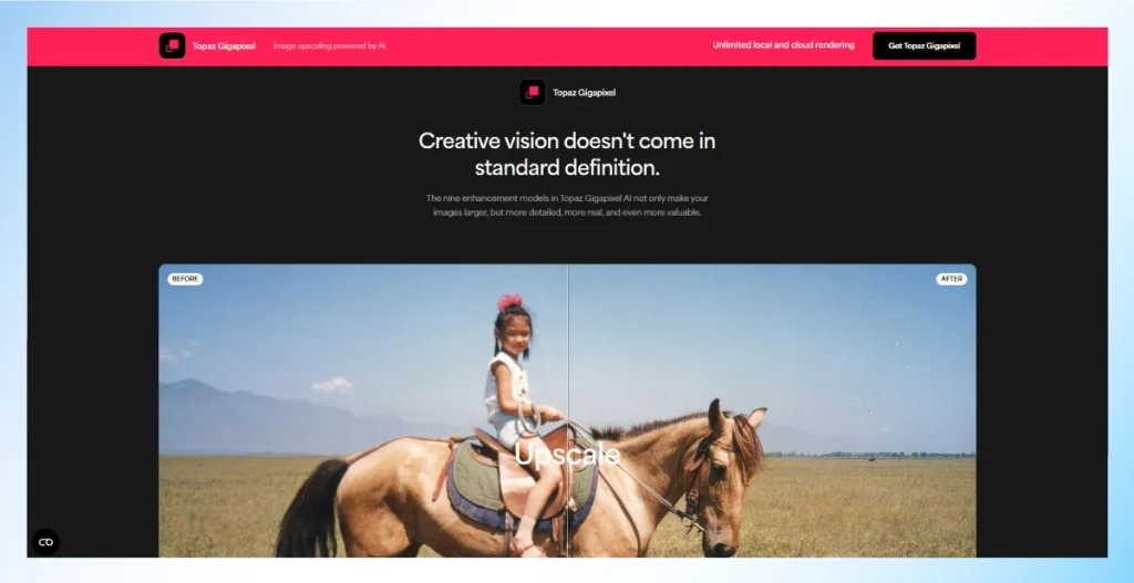 Topaz Gigapixel AI website showing a before and after upscale of an old photo of a child on a horse