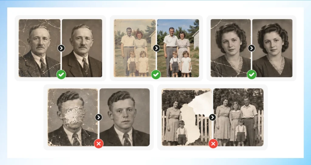 What AI can and cannot fix in old photos: scratches repaired, but missing faces and large tears need manual work