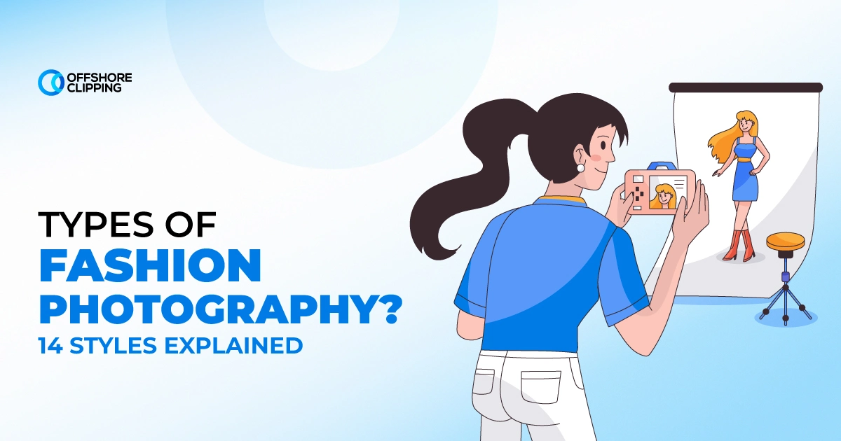 what-are-the-types-of-fashion-photography-14-styles-explained Illustration of a photographer taking a picture of a model on a studio backdrop, showing types of fashion photography